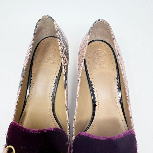 TORY BURCH Jessa Purple Velvet Pink Snake Reptile Heeled Loafer Size 7C - Picture 5 of 13